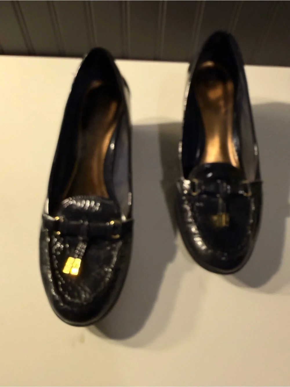 Lauren Ralph Lauren  navy  Patent Leather wedge Loafers with Gold Hardware